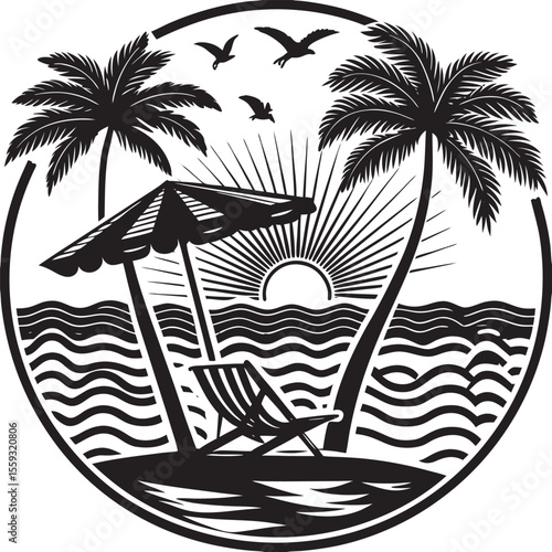 Tropical beach scene with palm trees and sun isolated on white background