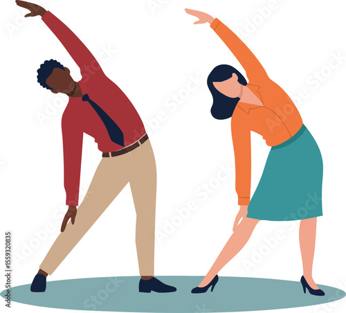Businesspeople stretching together for office fitness and workplace wellness routine vector illustration