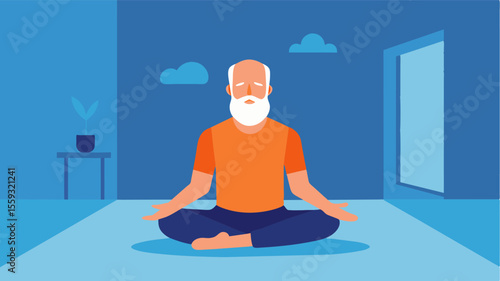 An older man meditating in a quiet room demonstrating the calming effects of mindfulness practices on emotional wellbeing.. Vector illustration