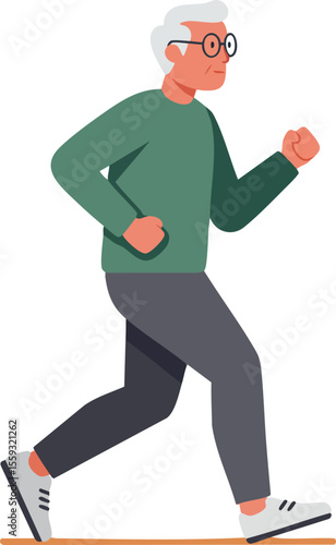 Elderly man walking exercise wearing glasses and casual clothes active senior health vector illustration