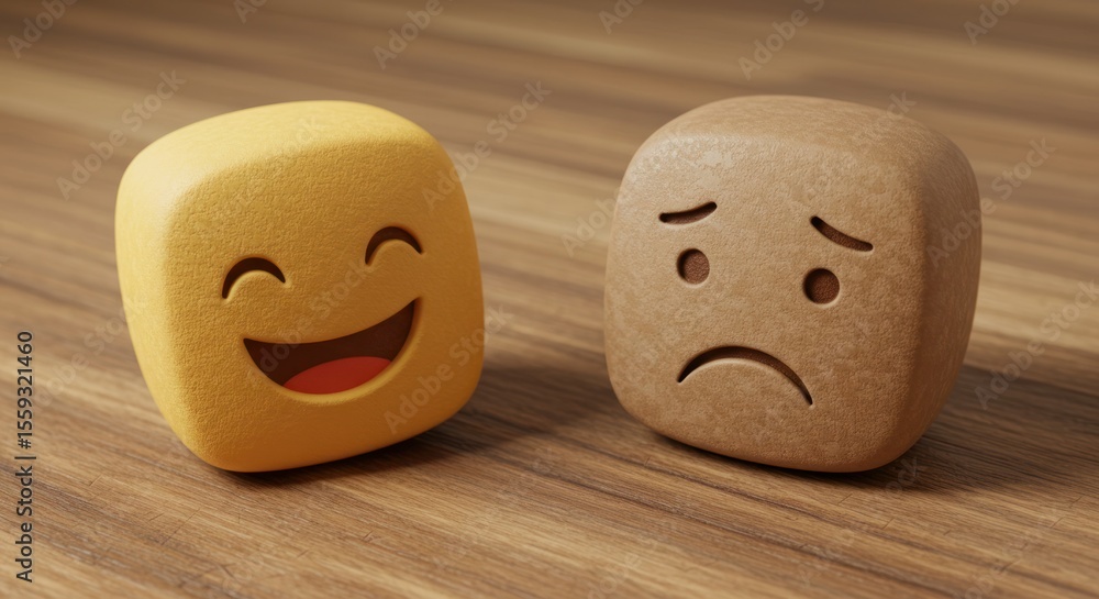 Fototapeta premium Two square emoji blocks one happy yellow one sad brown on wood.