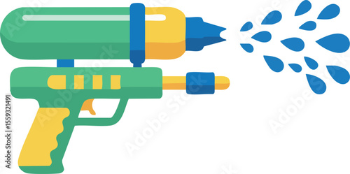 Colorful green and yellow water gun shooting blue water drops in playful summer toy design vector illustration