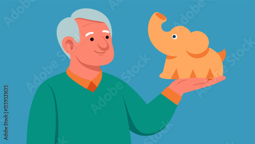 An elderly man happily displays his clay sculpture of an elephant proudly explaining to his art the the meaning behind it and how it reflects his life experiences. Through art he. Vector illustration