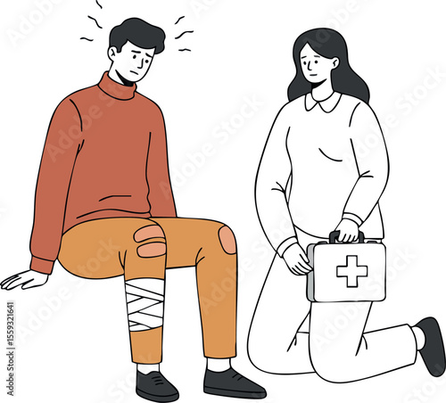 Injured man with bandaged leg receiving first aid from female nurse holding medical kit vector illustration