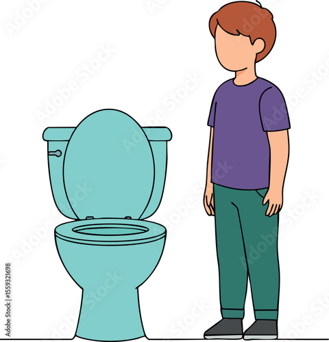 Boy standing next to open toilet bowl in simple vector style with blue and purple colors for bathroom design concepts