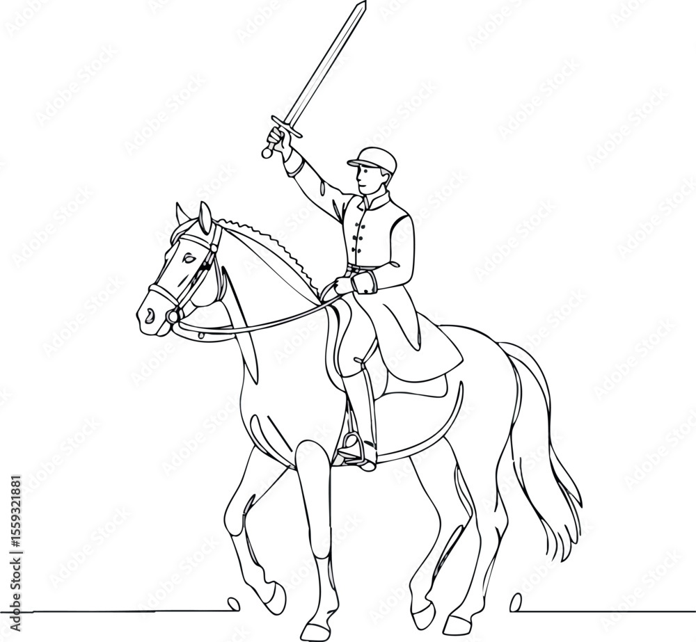 Fototapeta premium Mounted soldier raising sword in battle pose vector line art drawing illustration