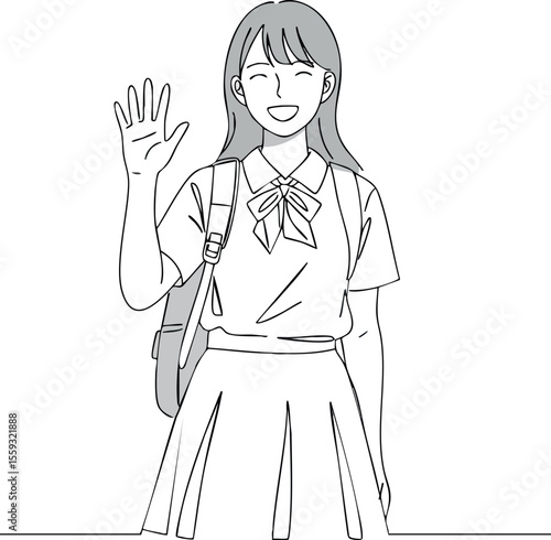 Smiling schoolgirl waving hand with backpack in casual uniform happy gesture vector illustration