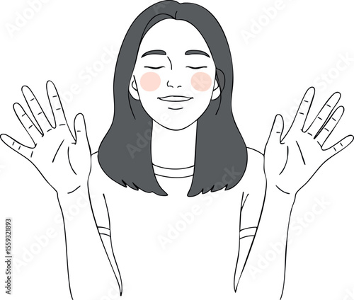 Woman with closed eyes smiling and raised hands in peaceful calm expression vector illustration