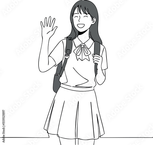 Smiling schoolgirl waving hand with backpack casual happy student vector illustration
