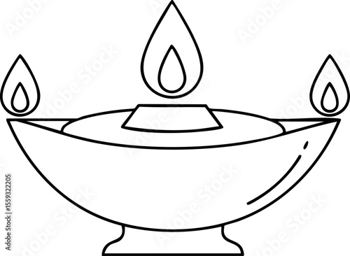 Oil lamp with three flames traditional religious symbol vector drawing outline design