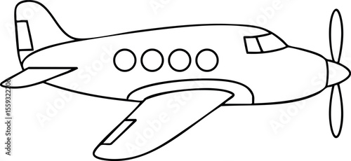 Airplane vector line art illustration with propeller and windows flying in clear sky simple style