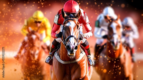 Jockey leads horse race, finish line blur, dust, competition