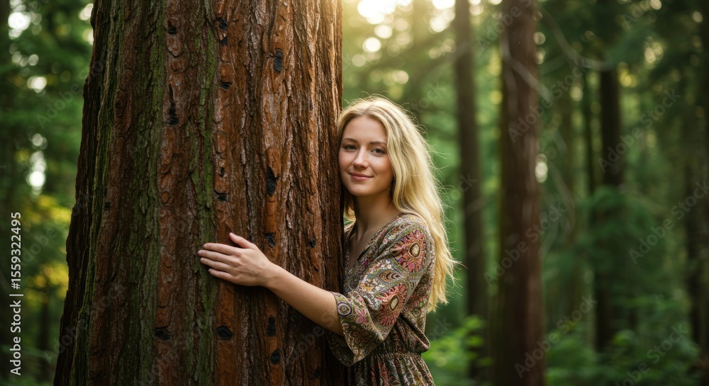 Woman hugging a large tree trunk in a forest with sunlight shining through. Woman hugging a large tree trunk in a forest with sunlight shining through.