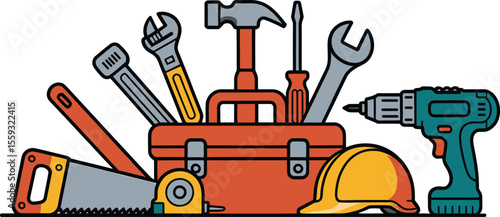 Comprehensive Vector Illustration of a Classic Toolbox Filled with Essential Hand Tools for DIY Projects