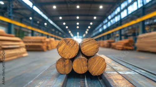 Close-up of Cylindrical Metal Bars in Industrial Factory Setting