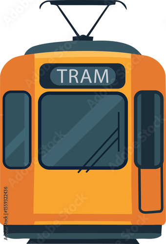 Vibrant Front View Vector Illustration of a Modern Orange and Black Public Transit Tram Car