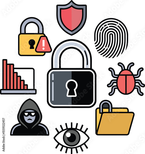Comprehensive Vector Graphic Set Illustrating Diverse Cybersecurity Concepts and Digital Protection
