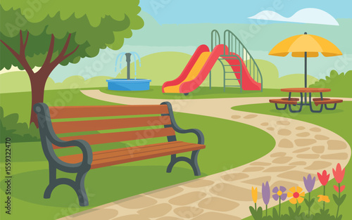 Vibrant Vector Illustration of a Sunny Public Park Landscape with Playground and Seating Area