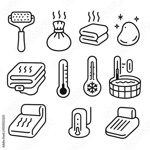 Temperature Spa Icons. Line style icons of temperature-specific spa items: ice face roller, warm compress, hot towel icon, cool