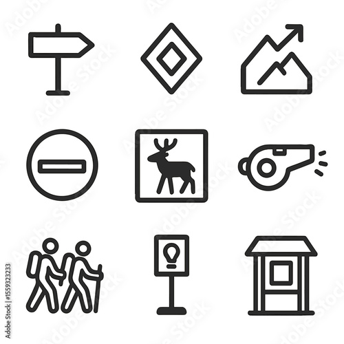 Safety and Direction Icons. Line style icons of safety and direction: arrow marker, trail difficulty icon, elevation sign, do not