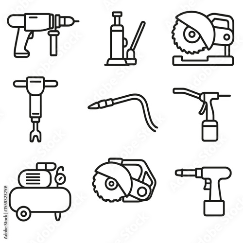 Heavy-Duty Tool Icons. Line style icons of heavy-duty tools: pneumatic drill, angle grinder, hydraulic jack, industrial saw, power
