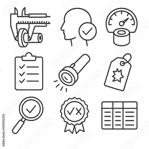 Inspection Tools Icons. Line style icons of inspection and quality tools: caliper with part, visual check icon, part tolerance