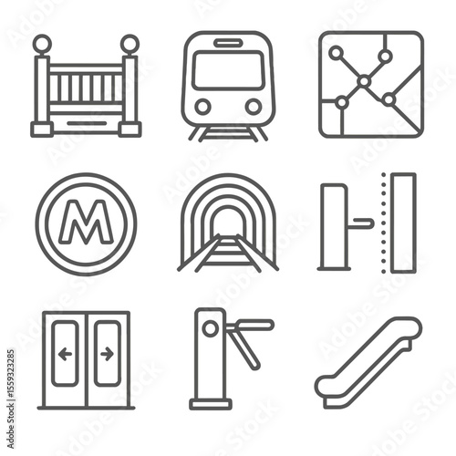 Metro System Icons. Line style icons of metro and subway system: subway entrance, underground train, transit map icon, metro token