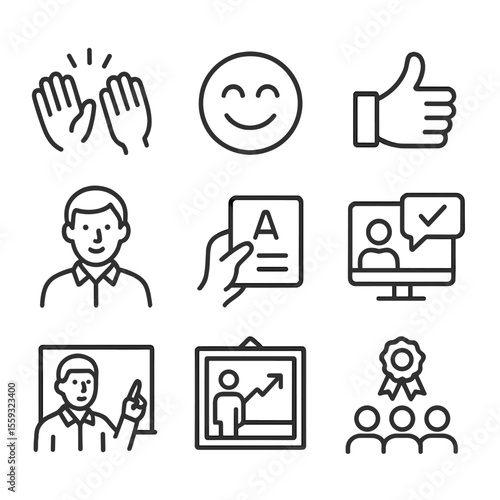 Presentation Success Icons. Line style icons of presentation success: applause icon, proud smile, thumbs up, positive feedback,