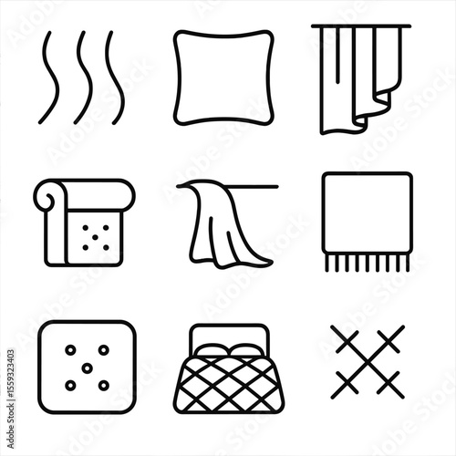 Soft Furnishing Icons. Line style icons of soft furnishing details: fabric folds, piping on cushion, layered curtain, tufted