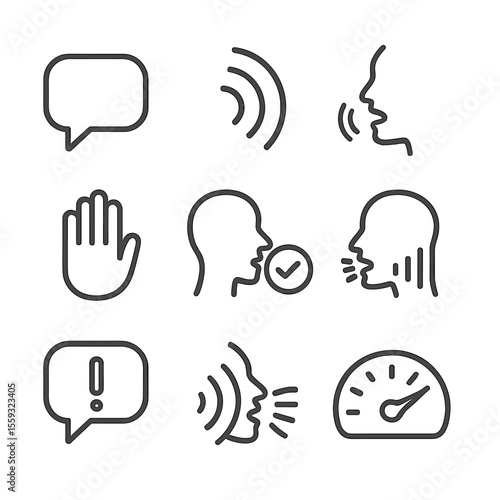 Speech Line Icons. Line style icons of speech and communication: speech bubble icon, sound waves, clear pronunciation symbol,