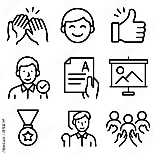 Presentation Success Icons. Line style icons of presentation success: applause icon, proud smile, thumbs up, positive feedback,