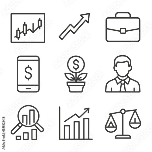Investment Services Icons. Line style icons of investment services: stock chart, upward arrow, portfolio case, investment app,