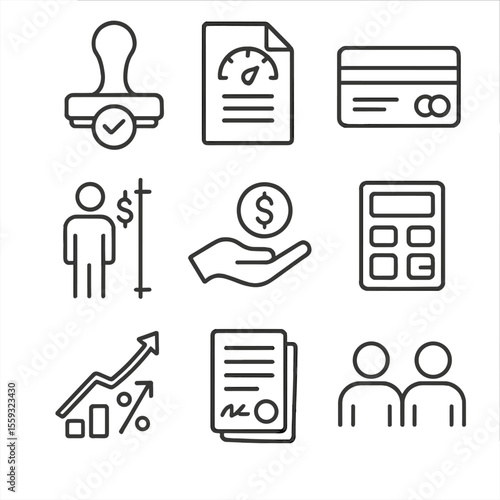 Credit Icons Set. Line style icons of credit and lending services: loan approval stamp, credit report file, credit card balance,
