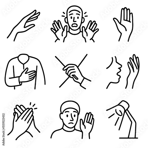 Gesture Icons Artistry. Line style icons of performance gestures: graceful hand in dance, actor’s expressive gesture, fingers in