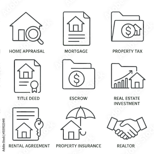 Real Estate Icon Set. Line style icons of real estate financial services: house appraisal, mortgage document, property tax file,