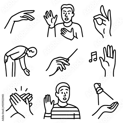 Gesture Icons Artistry. Line style icons of performance gestures: graceful hand in dance, actor’s expressive gesture, fingers in