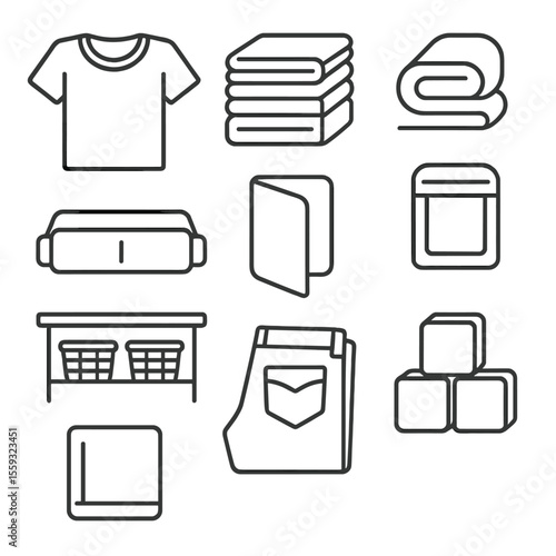 Organized Closet Icons. Line style icons of folding and organizing: folded t-shirt, organized stack of clothes, towel fold symbol,