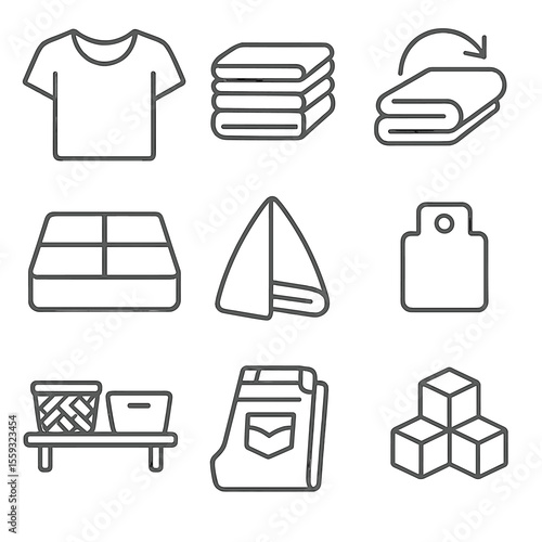Organized Closet Icons. Line style icons of folding and organizing: folded t-shirt, organized stack of clothes, towel fold symbol,
