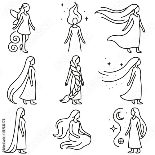 Fantasy Hair Icons. Line style icons of fantasy hair lengths: fairy long spiral, magical growing hair, wind-draped ultra-long,