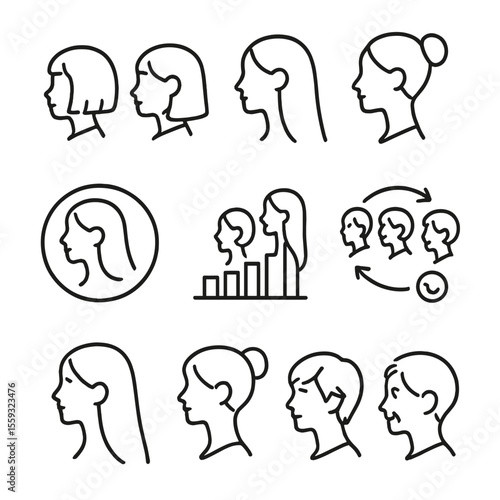 Hair Evolution Icons. Line style icons of hair evolution icons: child short to teen bob, teen bob to adult long, adult long to bun