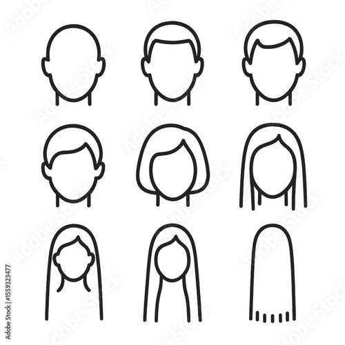 Hair Length Icons. Line style icons of different hair lengths: bald head, buzz cut, crew cut, short hair, medium bob,