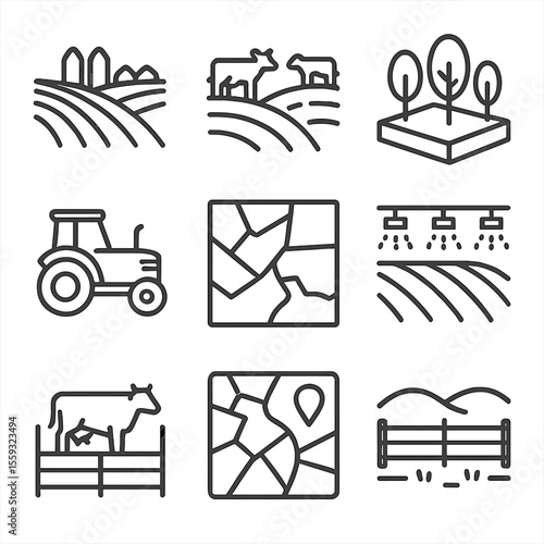 Rural Land Icons. Line style icons of rural land management: farmland icon, pasture land, tree plot, land tractor icon, rural