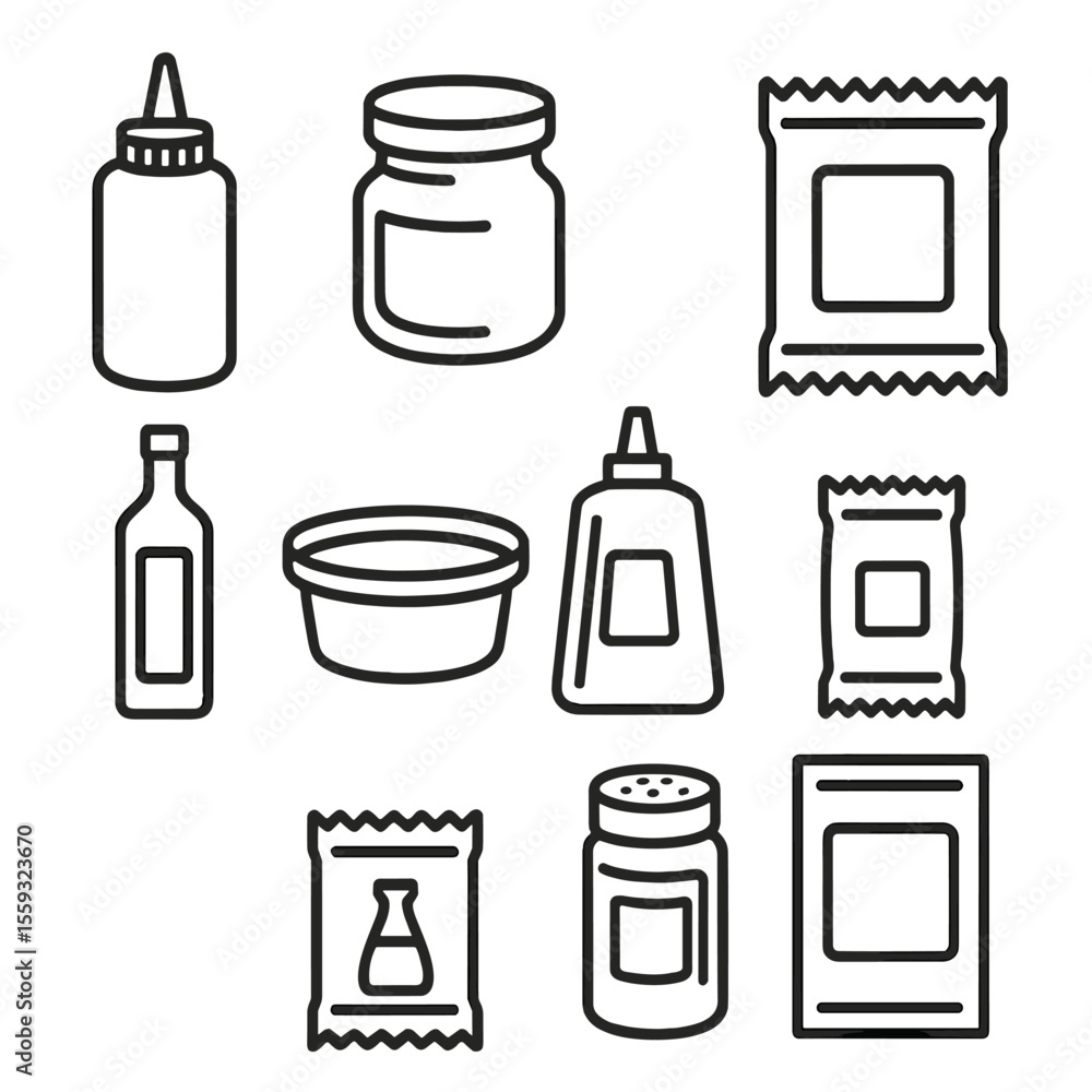 Condiment Packaging Icons. Line style icons of condiments and sauces packaging: squeeze bottle, glass sauce jar, dip tub, Condiment Packaging Icons. Line style icons of condiments and sauces packaging: squeeze bottle, glass sauce jar, dip tub,