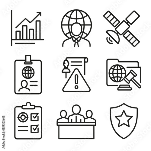 Monitoring Enforcement Icons. Line style icons of monitoring and enforcement: treaty compliance chart, international observer icon