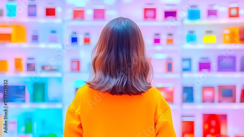 Woman viewing colorful product display, store, shopping