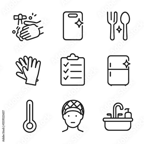 Food Hygiene Icons. Line style icons of hygiene in food prep: handwashing before cooking, clean cutting board, sanitized utensils,