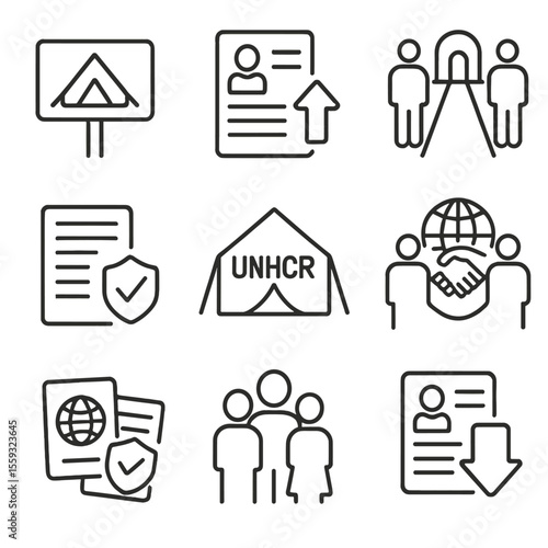 Refugee Treaty Icons. Line style icons of refugee protection treaties: refugee camp sign, asylum request form, safe corridor icon,