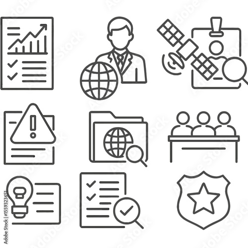 Monitoring Enforcement Icons. Line style icons of monitoring and enforcement: treaty compliance chart, international observer icon