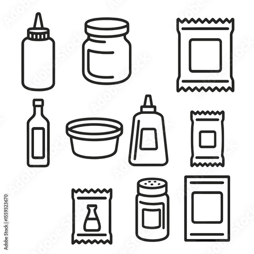 Condiment Packaging Icons. Line style icons of condiments and sauces packaging: squeeze bottle, glass sauce jar, dip tub,