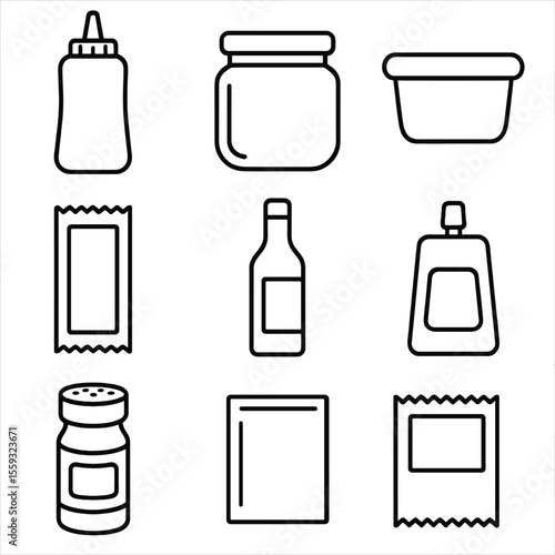 Condiment Packaging Icons. Line style icons of condiments and sauces packaging: squeeze bottle, glass sauce jar, dip tub,